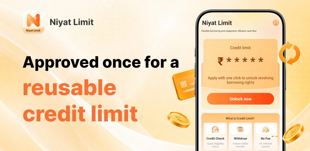 Niyat Limit banner reading Approved once for a reusable credit limit beside the app home screen