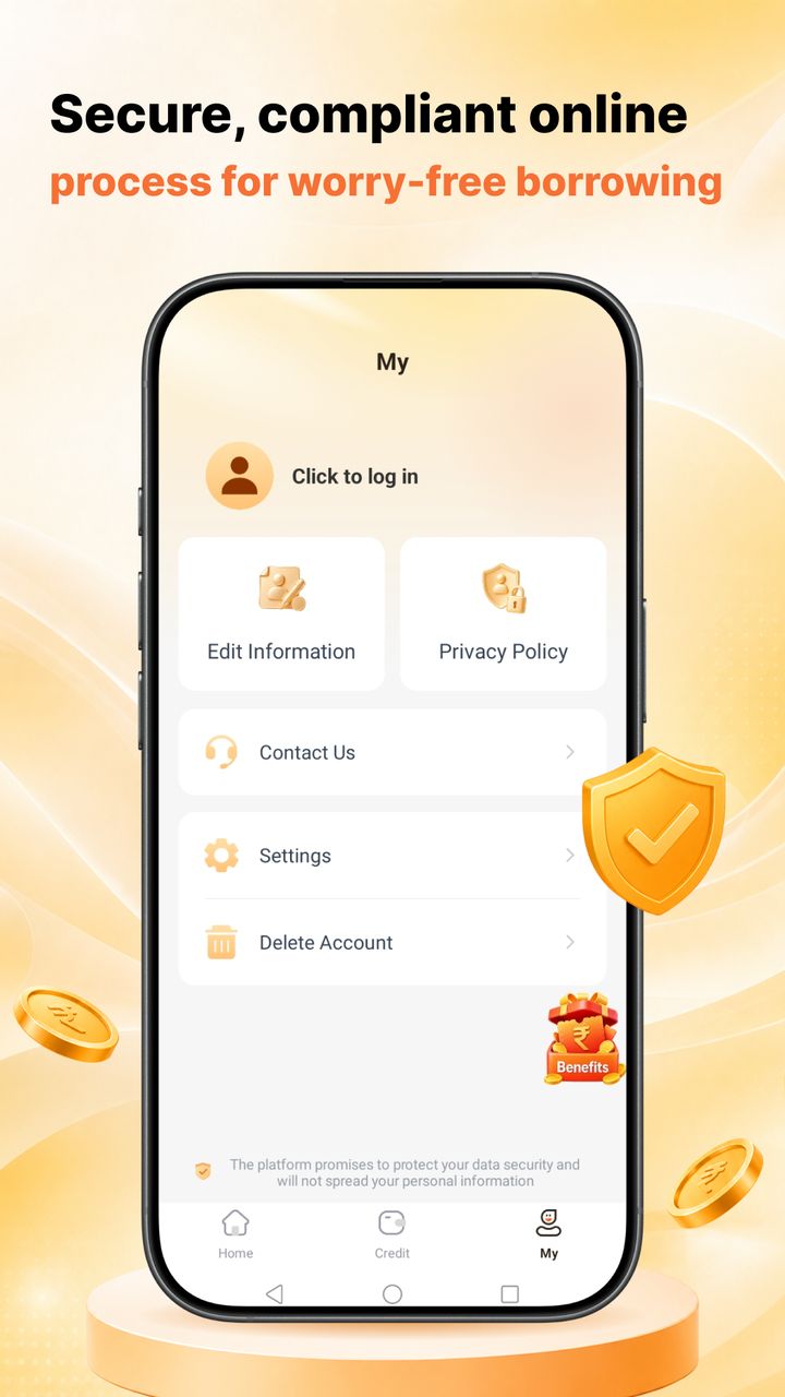 Niyat Limit poster reading Secure, compliant online process with the app profile screen and a golden shield
