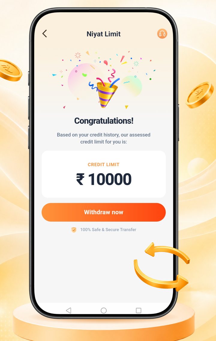 Niyat Limit app screen congratulating the user on an assessed credit limit of INR 10000 with a Withdraw now button