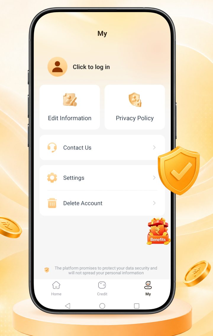 Niyat Limit app profile screen with privacy policy, contact us and delete account options beside a golden shield