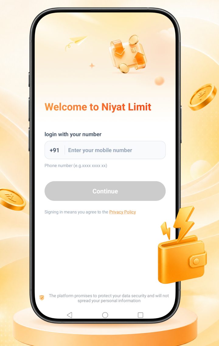 Niyat Limit app welcome screen asking the user to log in with a +91 mobile number